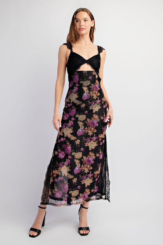 Waitlist 6/20 ♥ Wilder Floral Print Lace Trim  Maxi Dress Black