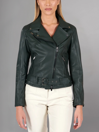 Women Green Cafe Racer Style Biker Genuine Leather Jacket