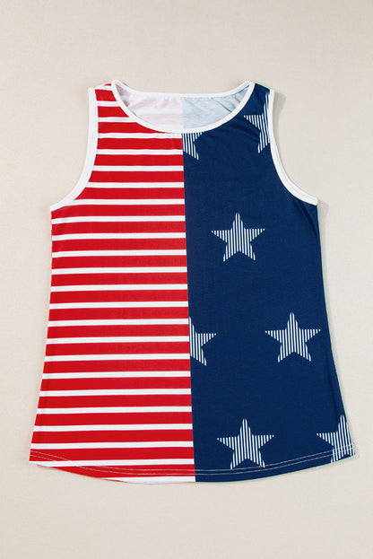 Red USA Flag Print Colorblock Round Neck Tank Top