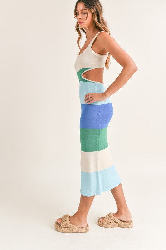 Rochelle Sleeveless Color Block Cut Out Midi Dress Blue