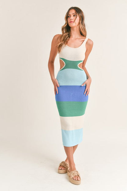 Rochelle Sleeveless Color Block Cut Out Midi Dress Blue