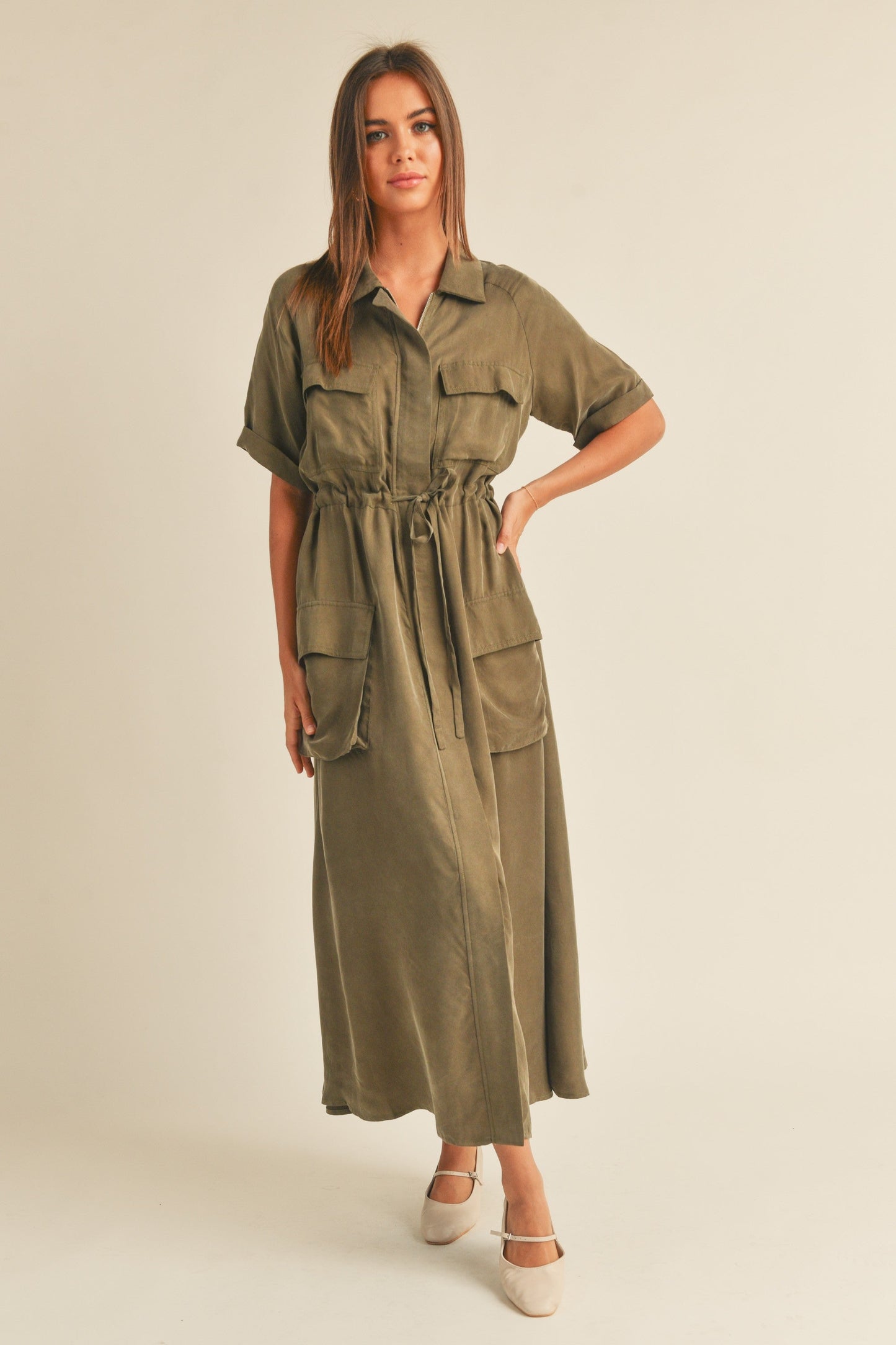 Alexis Viscose Maxi Shirt Dress in Olive - Nursing Friendly