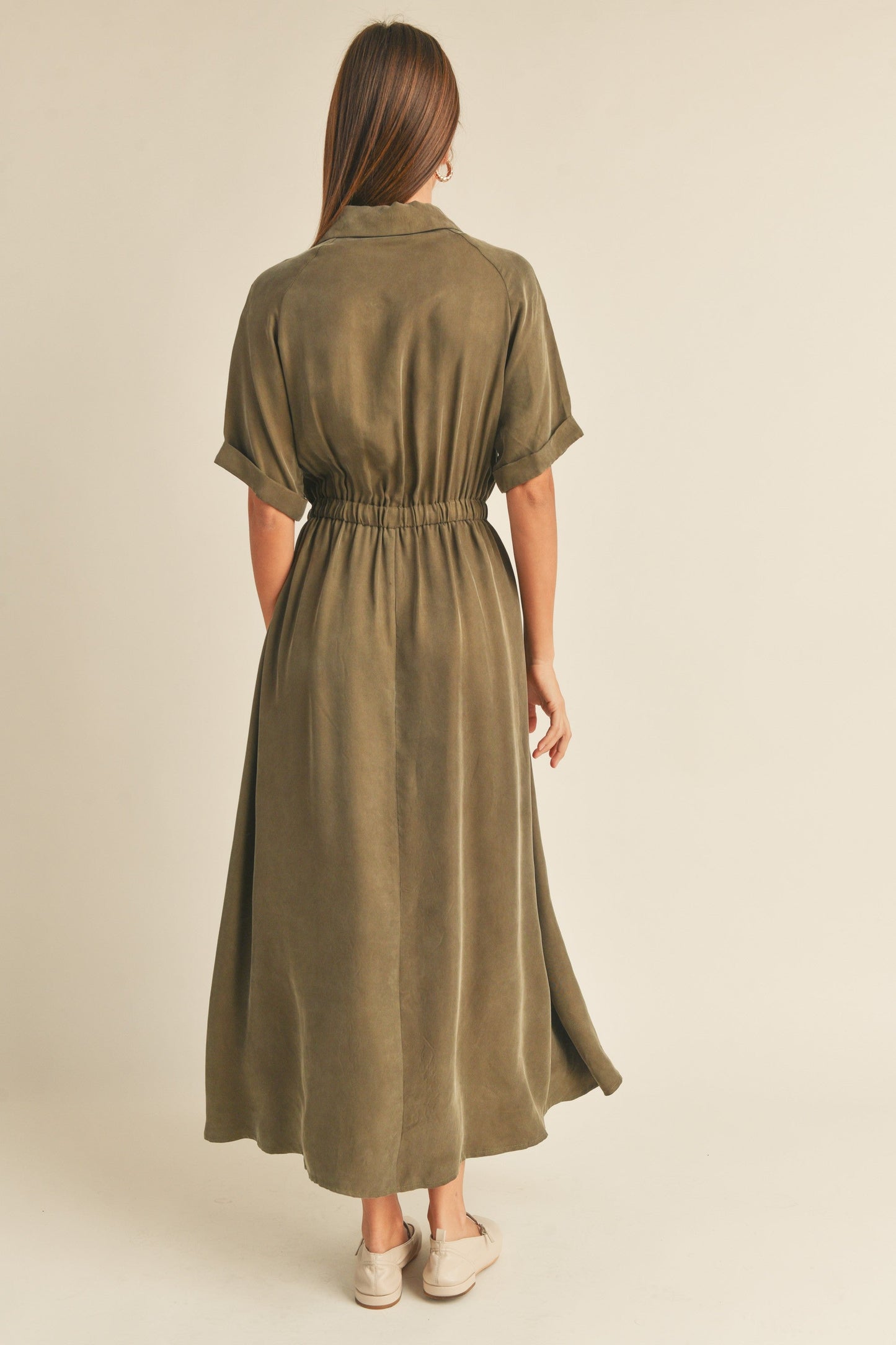 Alexis Viscose Maxi Shirt Dress in Olive - Nursing Friendly