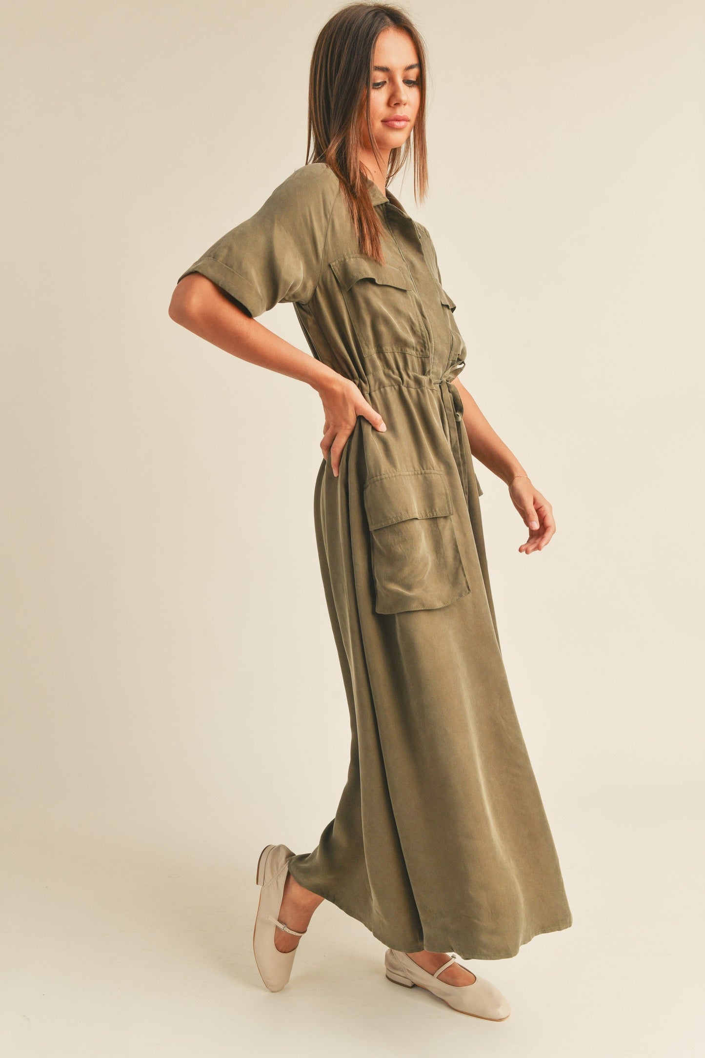 Alexis Viscose Maxi Shirt Dress in Olive - Nursing Friendly