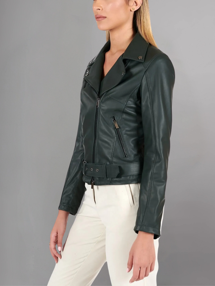 Women Green Cafe Racer Style Biker Genuine Leather Jacket