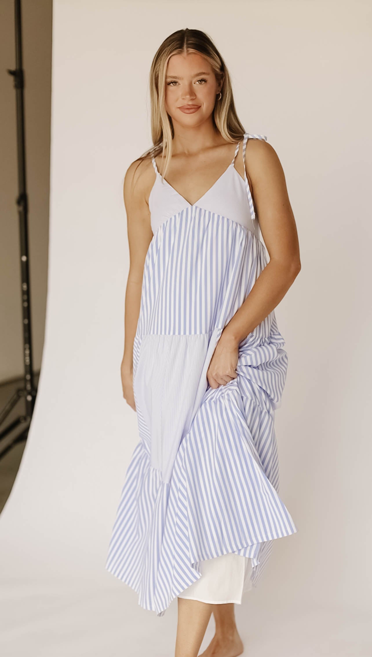 Teri Tiered Maxi Dress with Tie Straps in Sky Blue Stripe