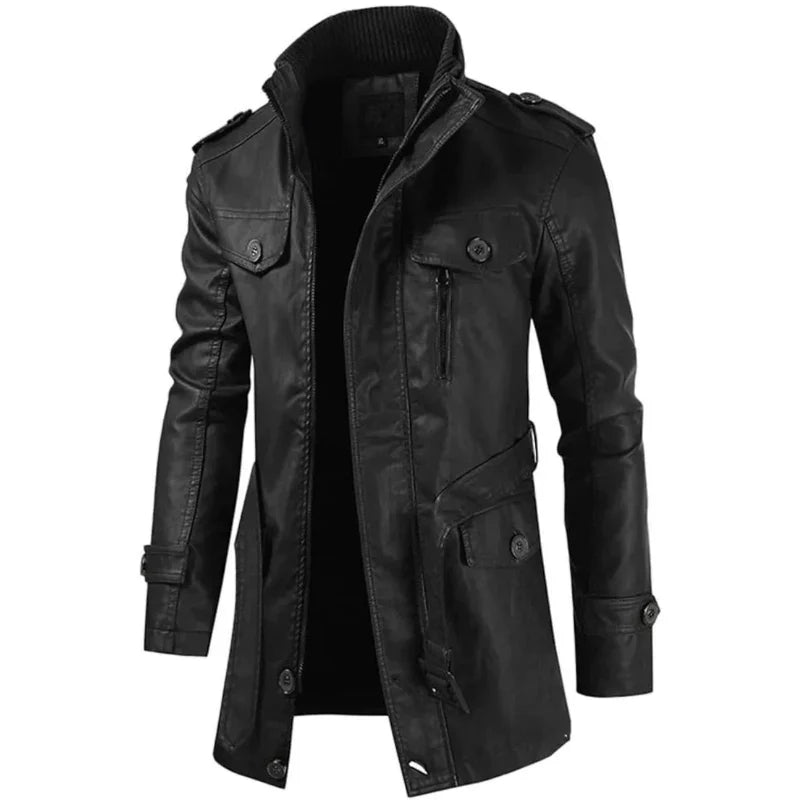 Men's vintage long leather coat in classic style