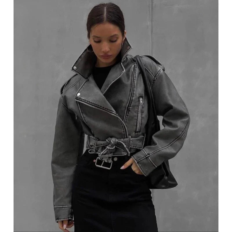Vegan women's biker jacket with belt and zipper