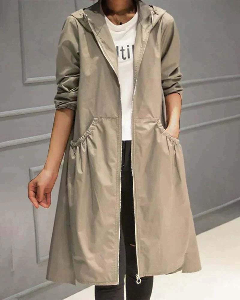 Long hooded zip jacket with front pockets – women
