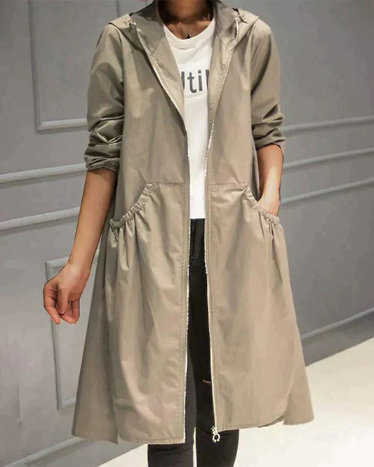 Long hooded zip jacket with front pockets – women