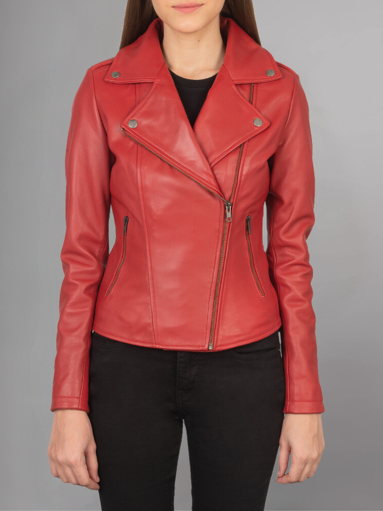 Women Lambskin Real Motorcycle Red Leather Jacket