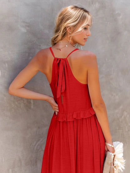 Ruffled Sleeveless Tiered Maxi Dress with Pockets