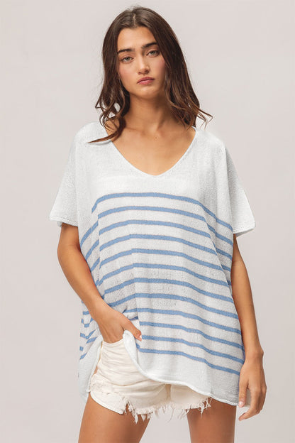 BiBi V Neck Striped Short Sleeve Top