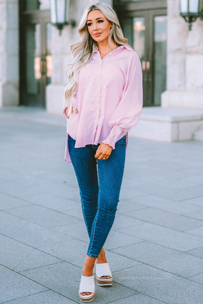 Light Blue Striped Casual Shirred Cuffs Shirt