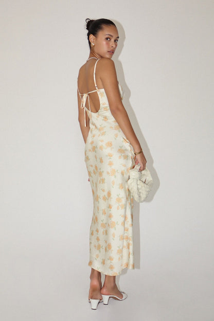 Caden Spring Floral Satin Maxi Dress with Bias Cut in Custard