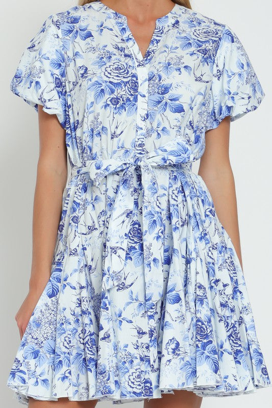 Luna Short Bubble Sleeve Floral Print Mini Dress Blue