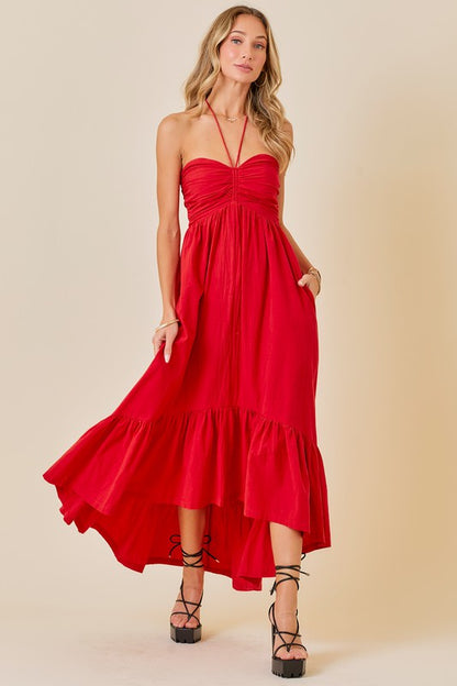 Nichole Sleeveless Halter Midi Dress Red