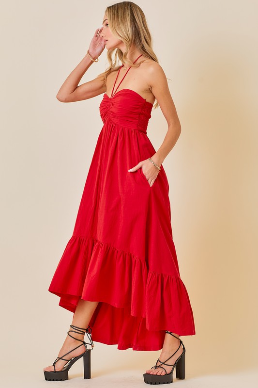 Nichole Sleeveless Halter Midi Dress Red