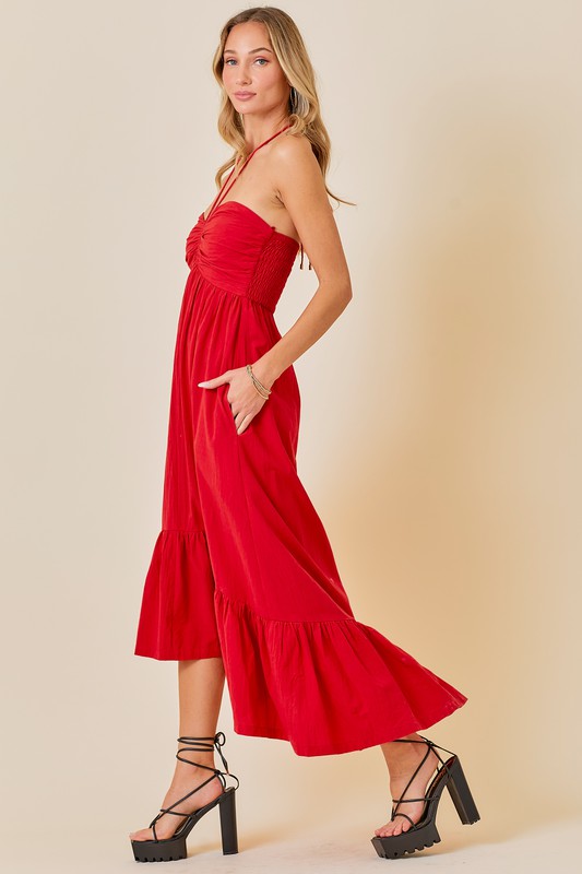 Nichole Sleeveless Halter Midi Dress Red