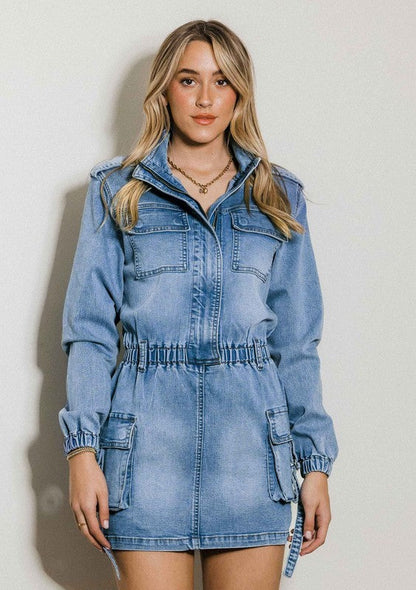 Long Sleeve Denim Romper Skirt