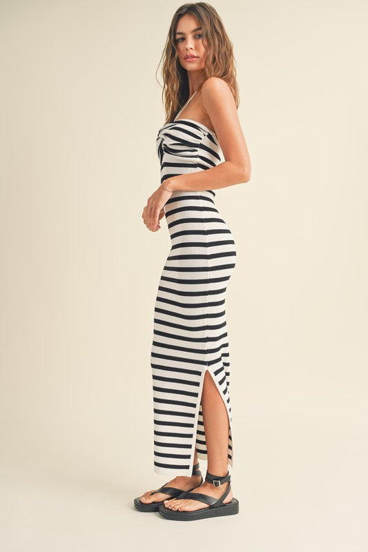 Jocelyn Sleeveless Halter Tie Stripe Print Knit Maxi Dress Black