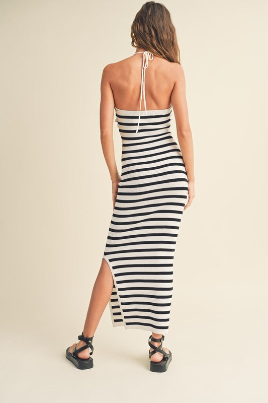 Jocelyn Sleeveless Halter Tie Stripe Print Knit Maxi Dress Black