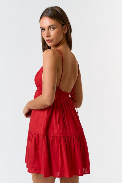 Dallas Sleeveless Shoulder Tie Linen Mini Dress Red