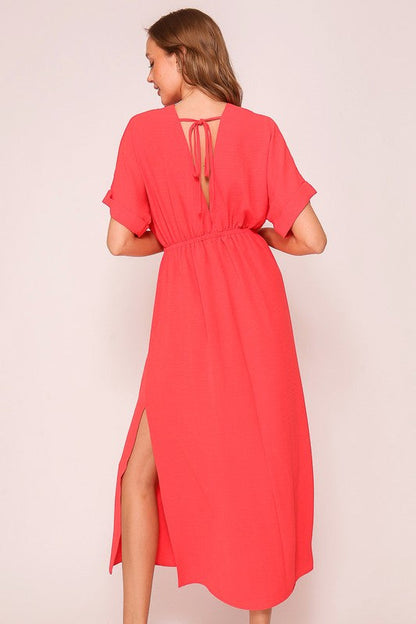 Erin Short Sleeve Back Tie Midi Dress Red