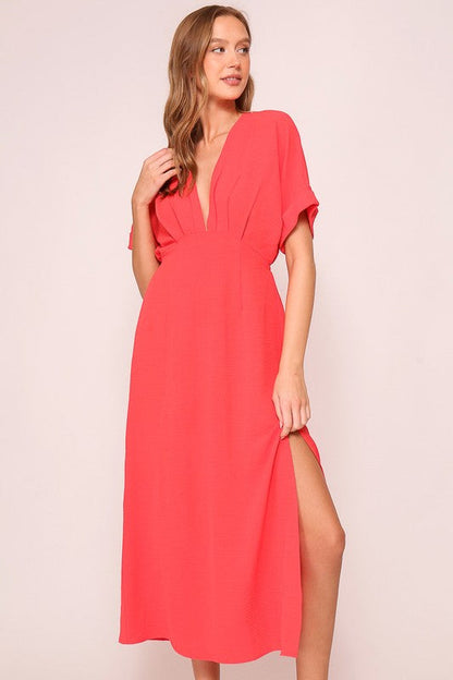 Erin Short Sleeve Back Tie Midi Dress Red