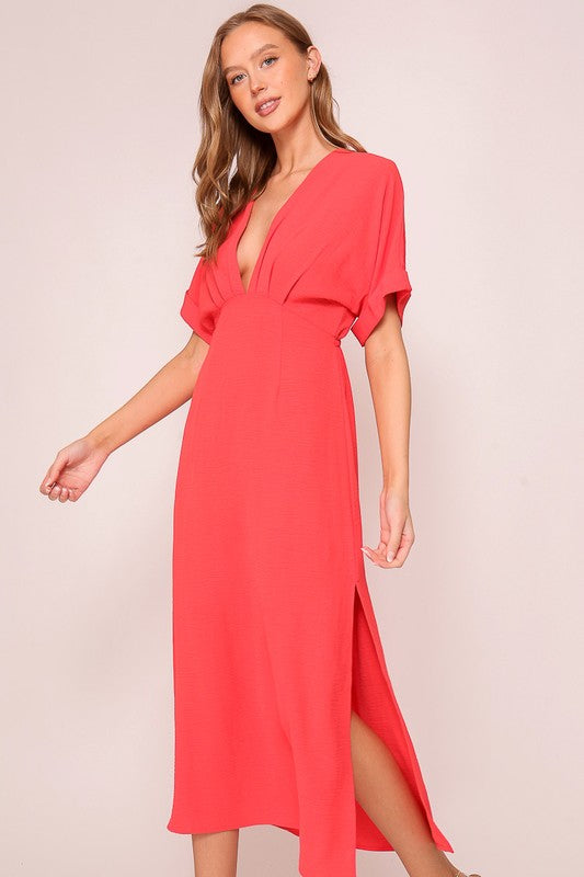 Erin Short Sleeve Back Tie Midi Dress Red