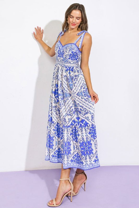 Amber Sleeveless Shoulder Tie Abstract Print Midi Dress Blue