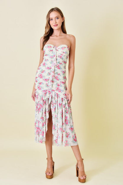 Waitlist 7/25 ♥ Kara Sleeveless Ruched Mesh Floral Print Midi Dress Pink