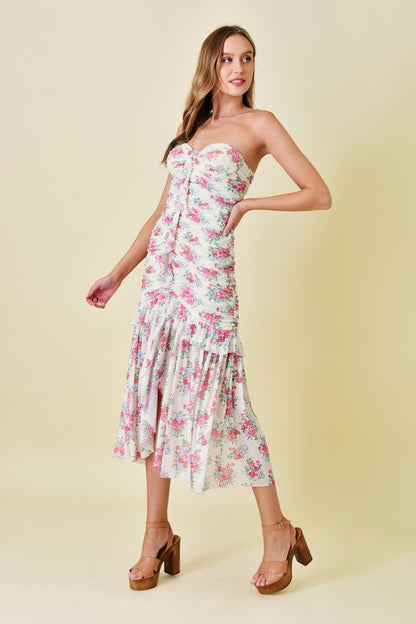 Waitlist 7/25 ♥ Kara Sleeveless Ruched Mesh Floral Print Midi Dress Pink