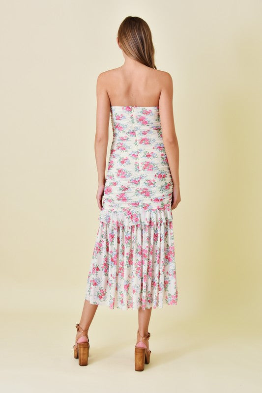 Waitlist 7/25 ♥ Kara Sleeveless Ruched Mesh Floral Print Midi Dress Pink