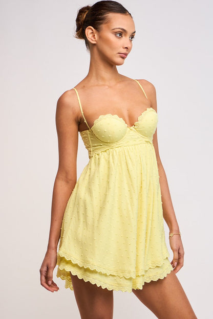 Kinsley Sleeveless Lace Up Swiss Dot Mini Dress Yellow