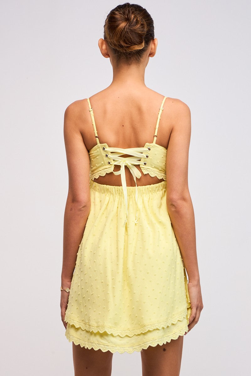 Kinsley Sleeveless Lace Up Swiss Dot Mini Dress Yellow