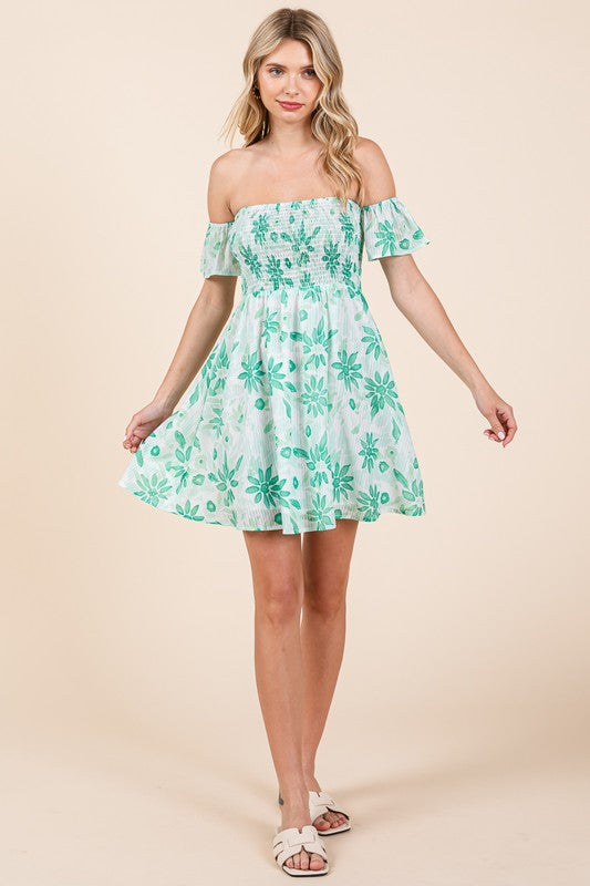 Tina Off The Shoulder Floral Print Mini Dress Green