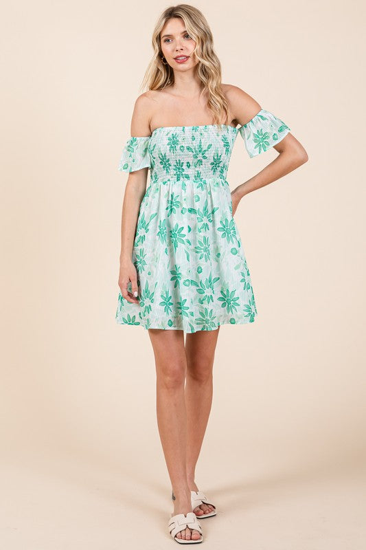 Tina Off The Shoulder Floral Print Mini Dress Green