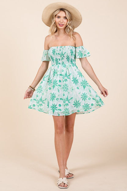 Tina Off The Shoulder Floral Print Mini Dress Green