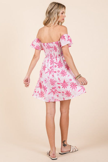 Tina Off The Shoulder Floral Print Mini Dress Fuchsia