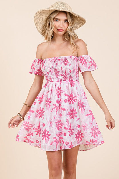 Tina Off The Shoulder Floral Print Mini Dress Fuchsia