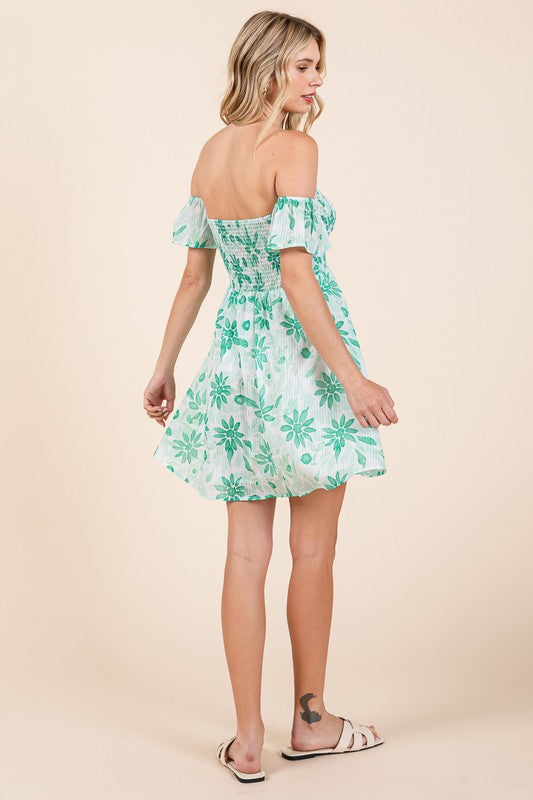 Tina Off The Shoulder Floral Print Mini Dress Green