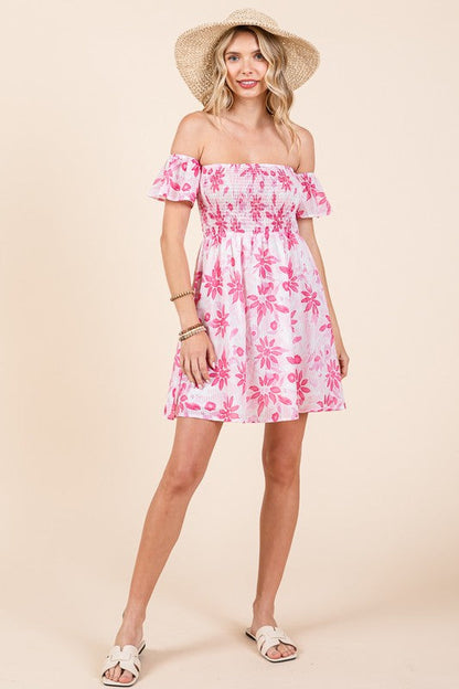 Tina Off The Shoulder Floral Print Mini Dress Fuchsia