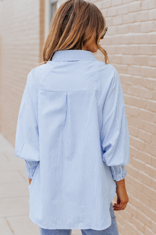 Light Blue Striped Casual Shirred Cuffs Shirt