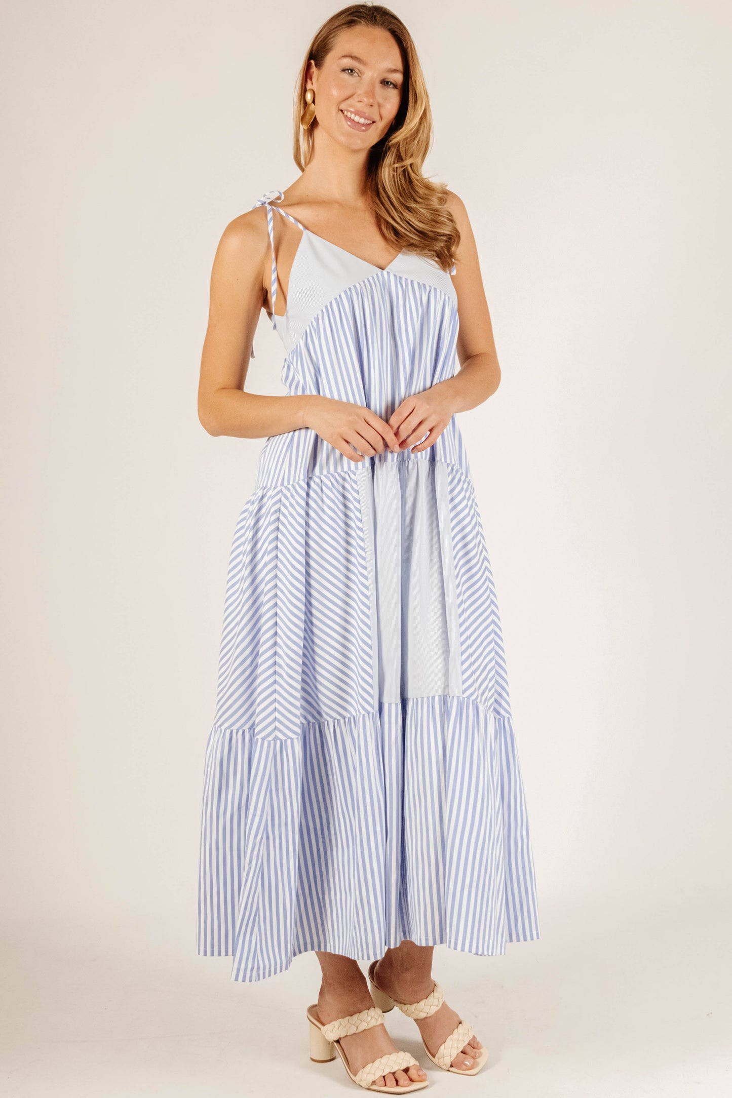 Teri Tiered Maxi Dress with Tie Straps in Sky Blue Stripe