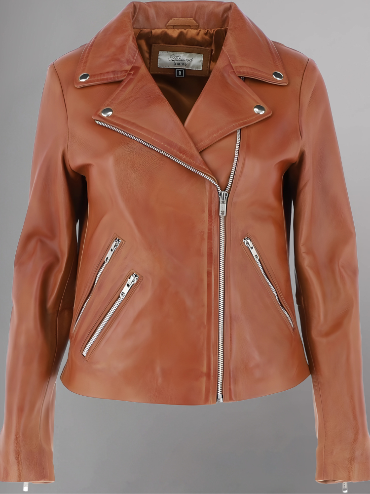 Women's Casual Stylish Biker Light Brown Leather Jacket