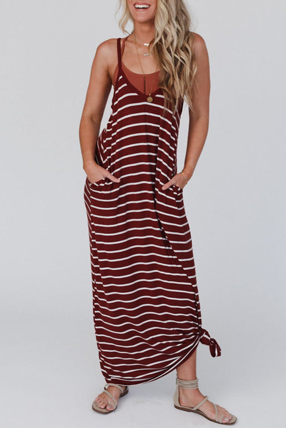 Red Stripe Print Side Pockets Spaghetti Straps Maxi Dress