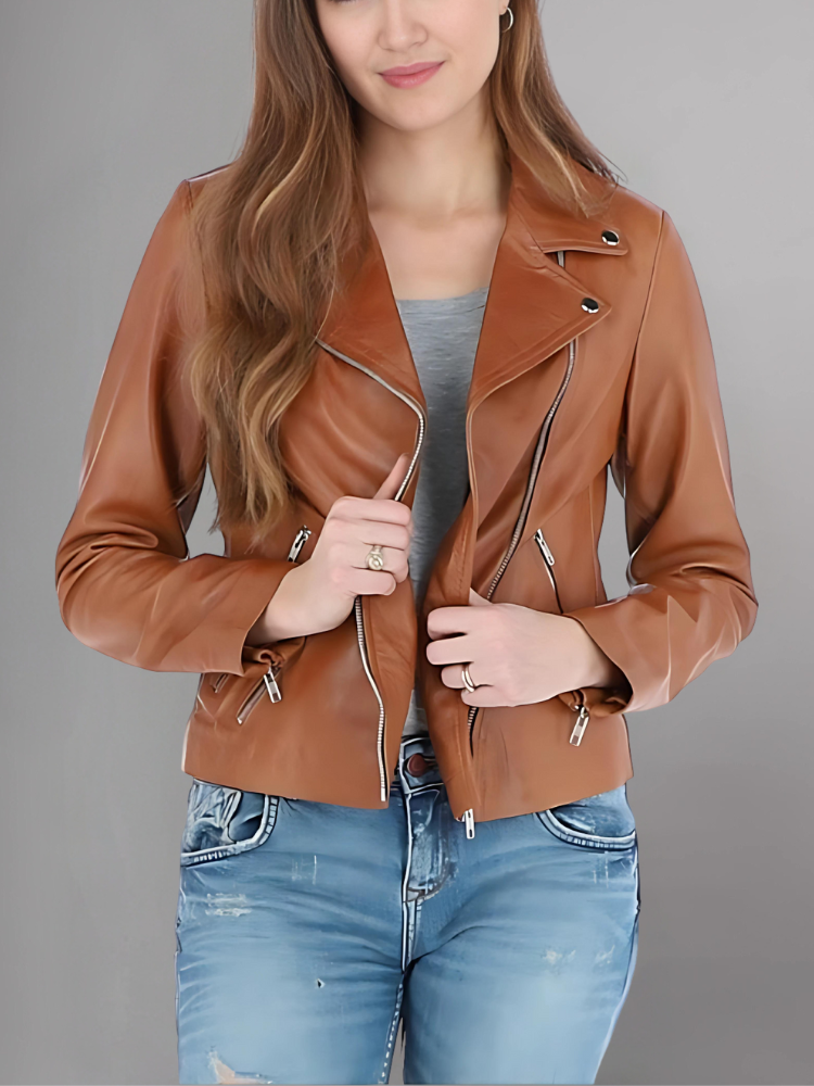 Women's Casual Stylish Biker Light Brown Leather Jacket