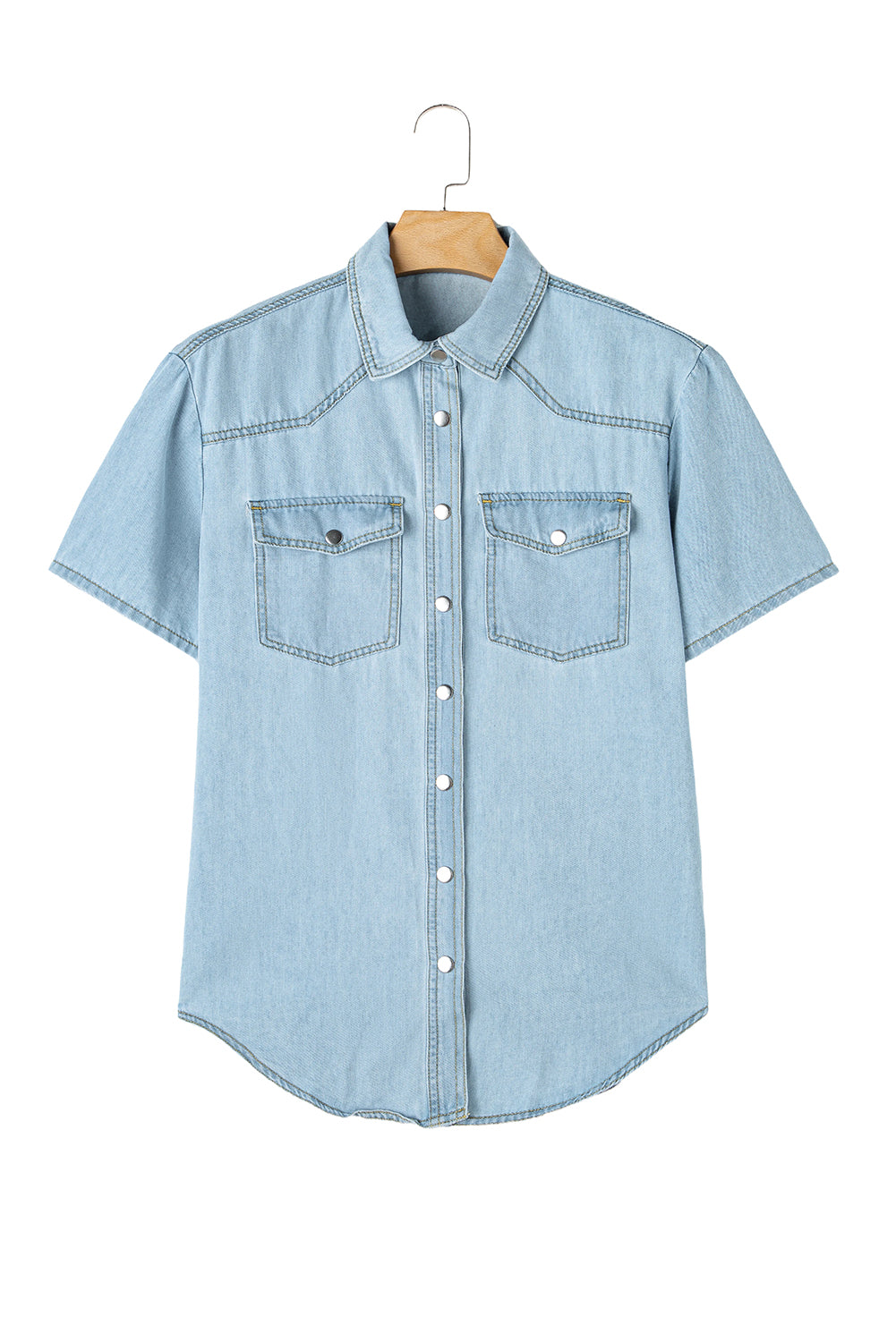 Mist Blue Light Wash Flap Pockets Rounded Hem Denim Blouse