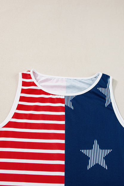 Red USA Flag Print Colorblock Round Neck Tank Top